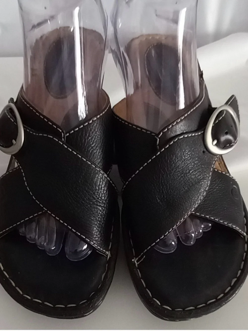 BORN Brown Leather Cross Over Buckle Wedge Heel Slip On Sandals SZ 9